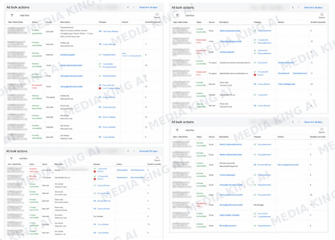 Google Ads change history: repeated AI generated scripts, bulk edits and file uploads, several finished with errors