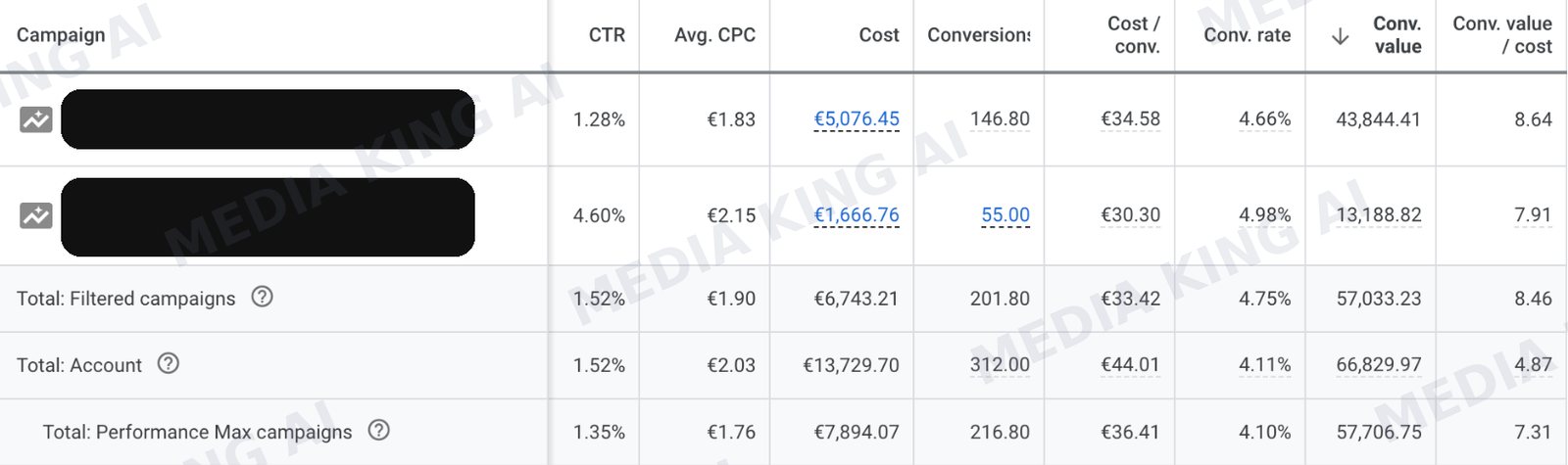 Google Ads table: two Performance Max campaigns totalling 6,743 euros cost, 201.8 conversions, 57,033 conversion value and 8.46 ROAS, against an account ROAS of 4.87