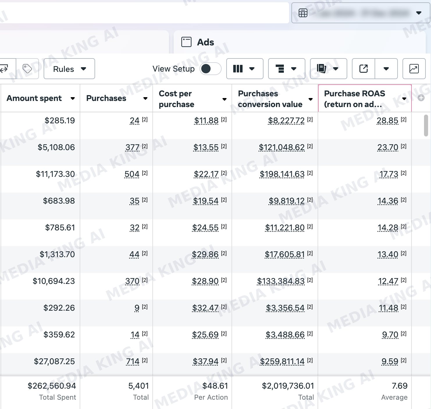 Meta Ads Manager, ads view for 12 months: 262,560.94 dollars spent, 5,401 purchases, 48.61 dollars per purchase, 2,019,736.01 dollars revenue, 7.69 ROAS