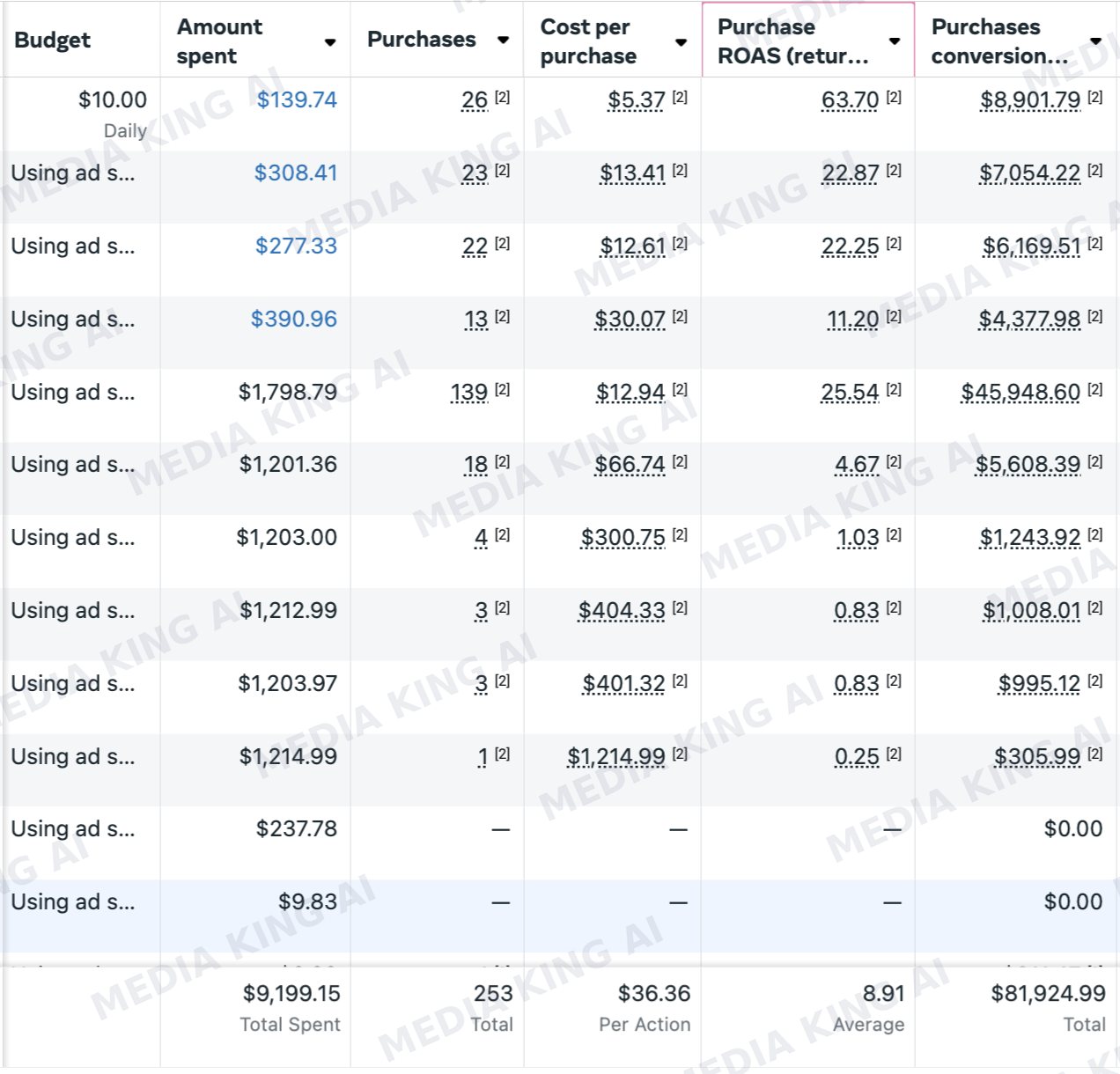 Meta Ads Manager: 95 campaigns, 9,199.15 dollars spent, 253 purchases, 36.36 dollars per purchase, 8.91 ROAS, 81,924.99 dollars revenue
