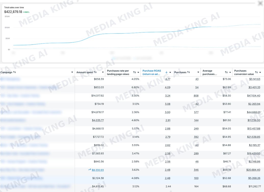 Shopify total sales over time: 422,879.18 dollars, up 658% on the same period last year. Below, Meta campaigns sorted by purchase ROAS, from 4.77 down to 2.44.